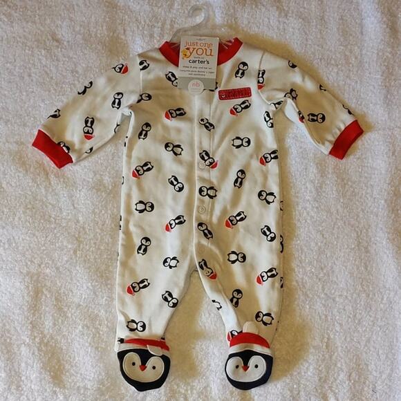 Carter's Just One You My 1st Christmas White Red Trim Penguin Footie Pajamas NB - Picture 1 of 8